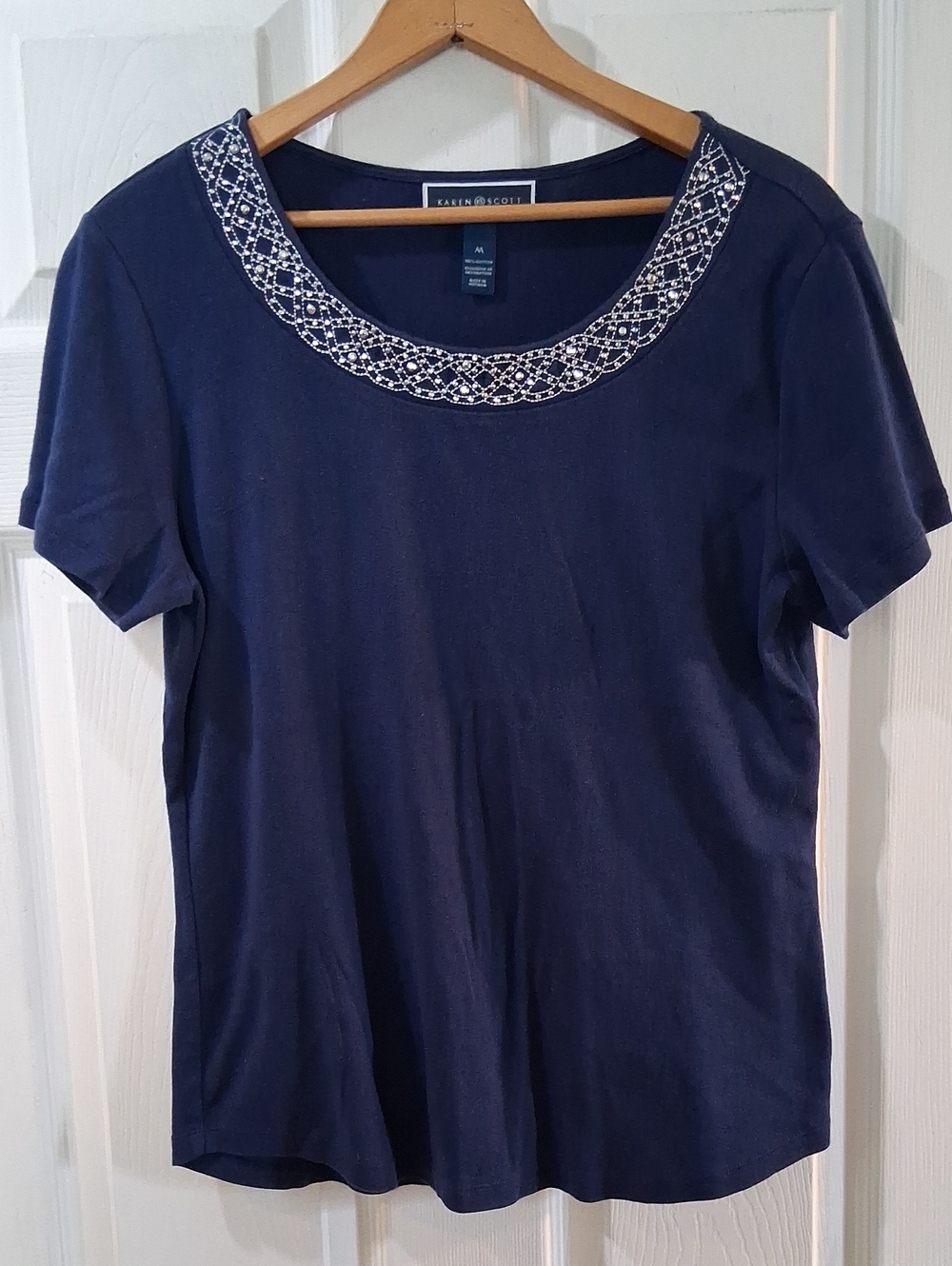 Karen Scott Navy Short-Sleeve Scoop Neck Top with White Embroidery And Sparkles